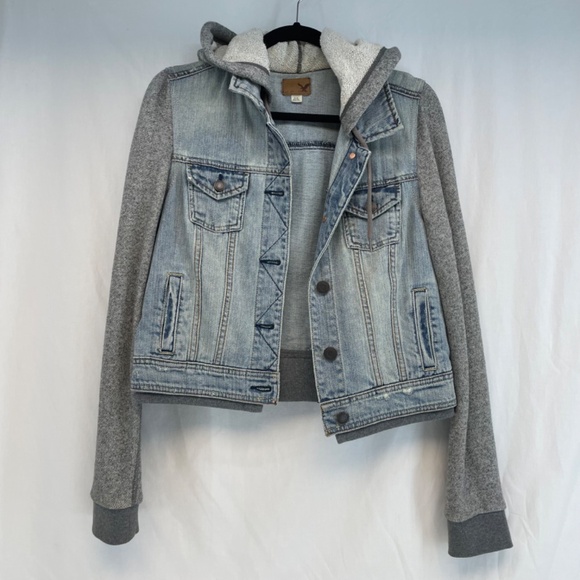 American Eagle Jean Sweater Jacket Hood Gray Women’s Size Medium - Picture 9 of 12